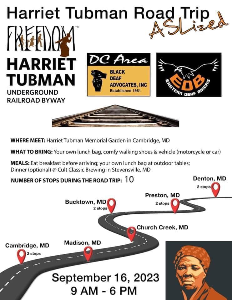 Drive or Ride through Harriet Tubmans Maryland trip on Sept. 16, 2023. Start in Cambridge, MD and end in Denton, MD.