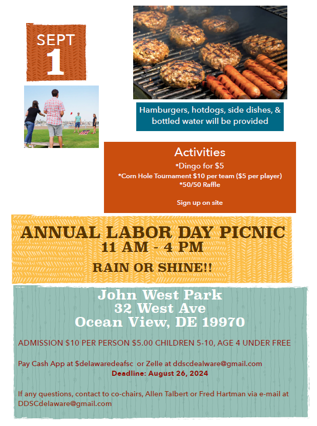 Annual Labor Day Picnic on Sept. 1, 2024, 11a-4p at the John West Park in Ocean View, DE. $10/person. See PDF file for more details. 