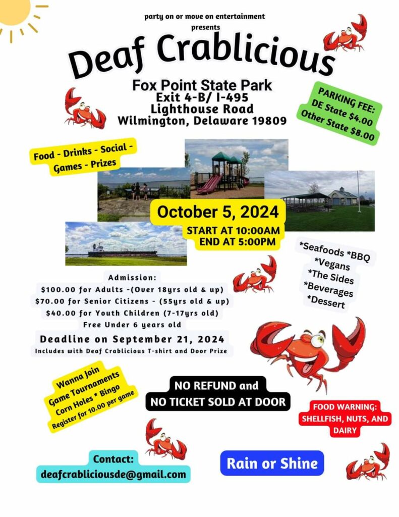 Deaf Crablicious at Fox Point State park in Wilmington, Oct 5, 2024, 10a-5pm, contact deafcrabliciousde at gmail.com for ticket info and more