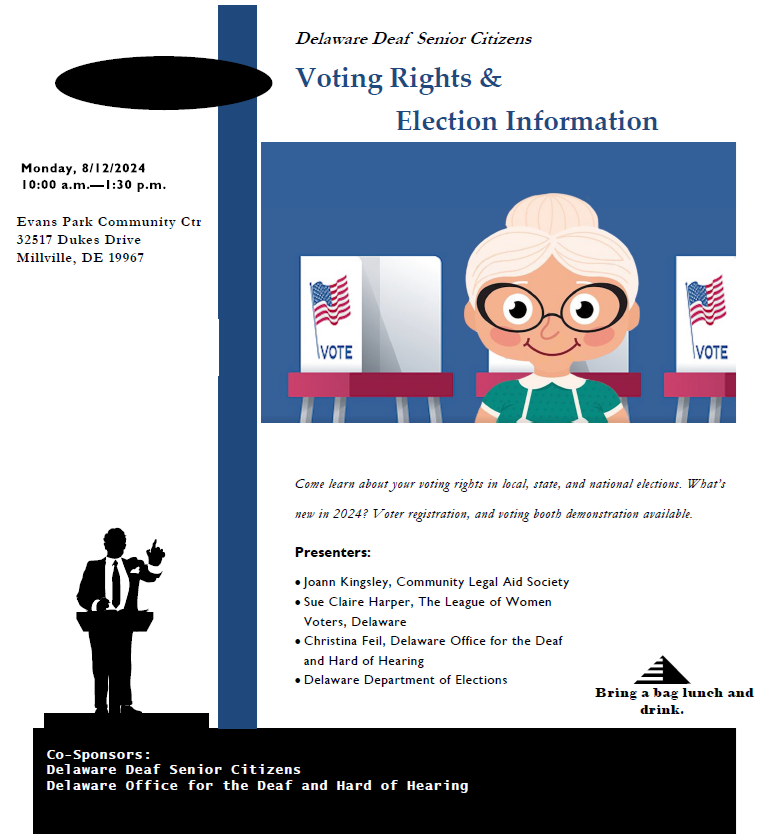 Voting Rights and Election information presentation on Monday, Aug. 12, 2024 from 10a-1:30p at Evans Park Community Center in Millville, DE.  See PDF file for more details.  