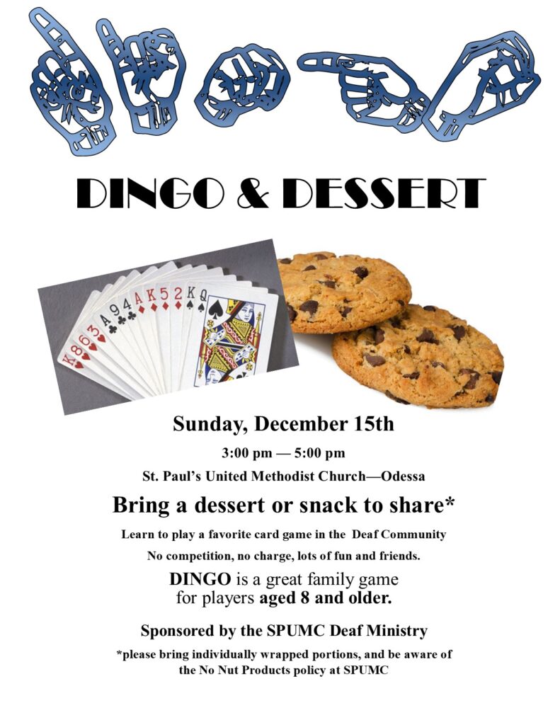 DINGO and Dessert, Sunday, December 15, 2024, 3-5p at St. Pault's United Methodist Church in Odessa.  No races, No fees.  Just fun.  

Be aware of the no nuts products policy due to allergies if you bring snacks to share.