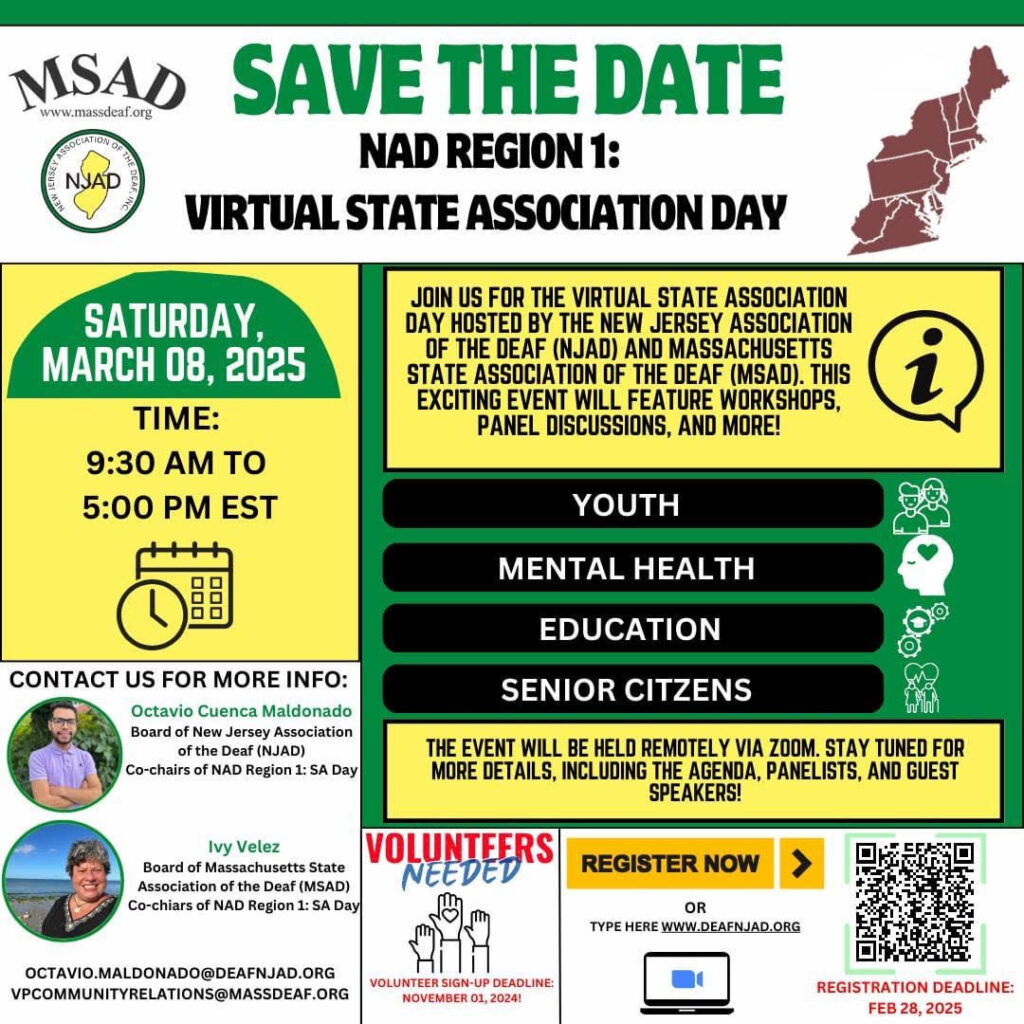 Virtual State Association Day on Mental Health and Emergency Management. Saturday, march 8, 2025, 9:30a-5p. All via zoom. Register at deafnjad.org.