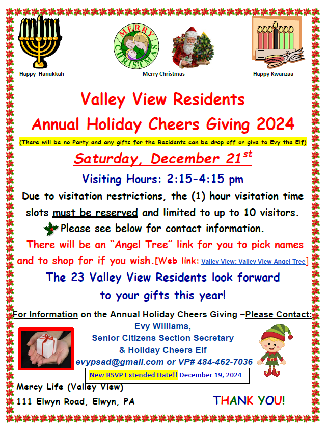 Valley View Holiday Cheer, Saturday, Dec. 21, 2:15-4:15pm, RSVP for visitations by Thursday, Dec. 19.  See PDF for more info and RSVP link below.