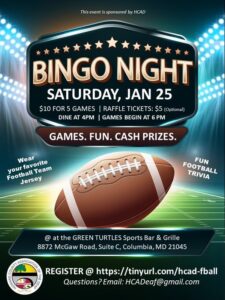 Deaf Bingo night, Saturday Jan. 25, 2025, 4p-???, Green Turtle in Columbia, MD.  See below for link and info