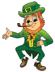 Dancing leprechaun with a pipe in mouth celebrating St. Patrick's Day