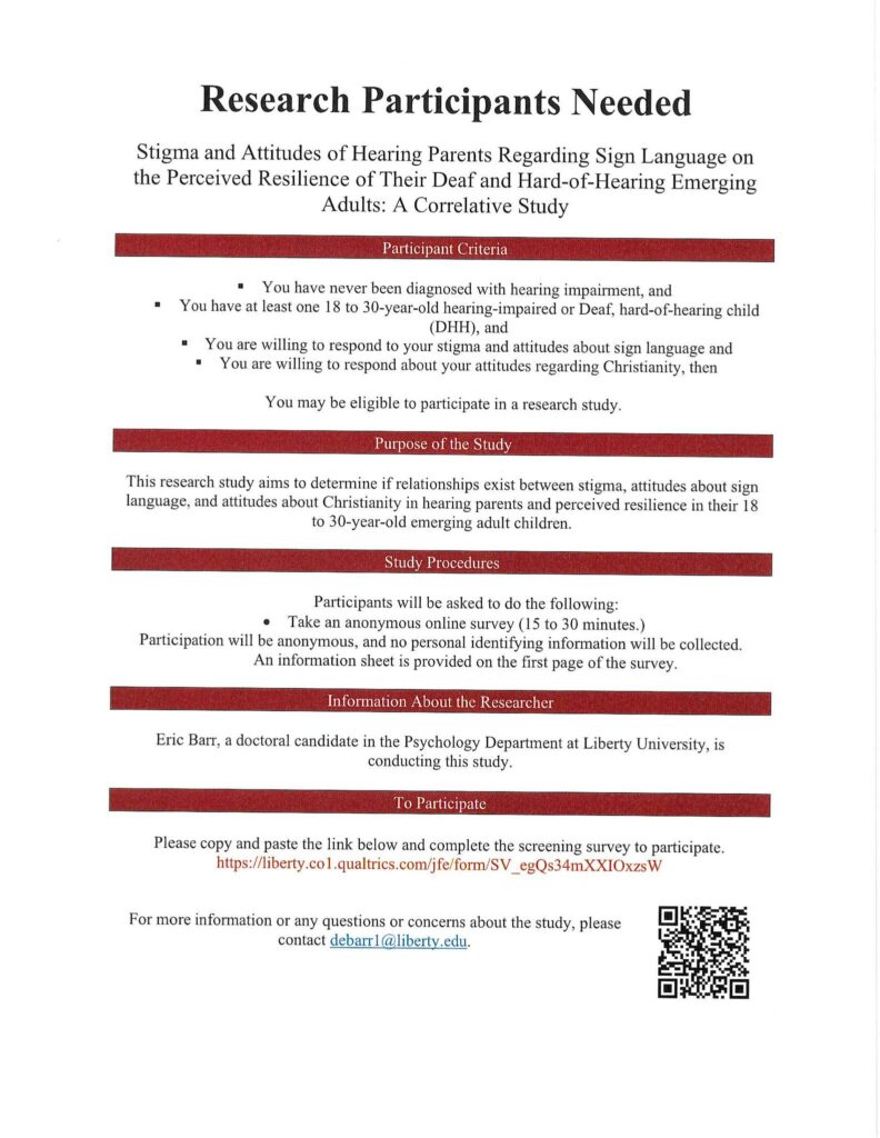 Research Participants needed on stigma and attitudes of hearing parents regarding ASL and adults.  Focus on 18-30 year old children.  Study through Liberty University.  